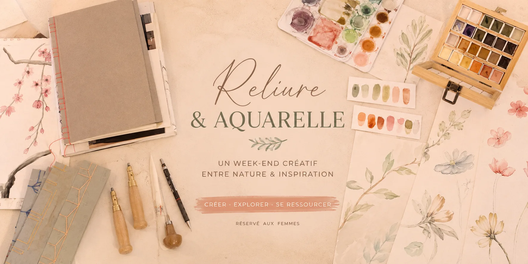 Affiche de la retraite créative Reliure & Aquarelle